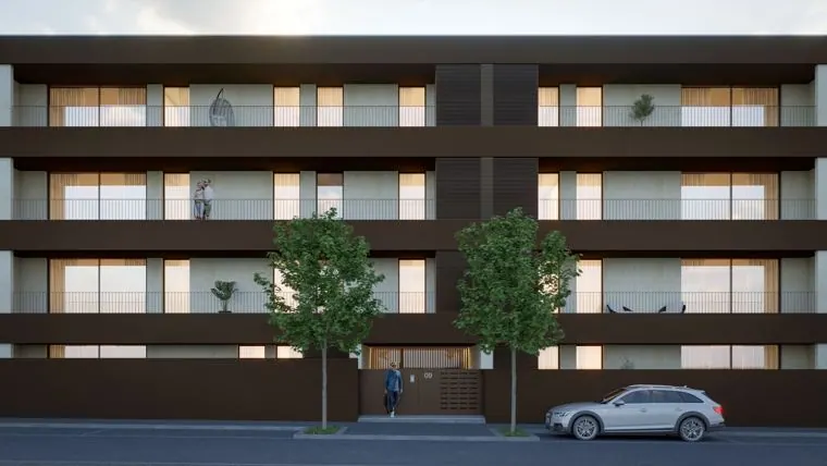 Empreendimento ICONIC, edifício de apartamentos com fachada escura e varandas (imagem do projeto)
