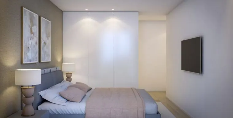 Quarto de um apartamento do Mercado Residence (imagem do projeto)