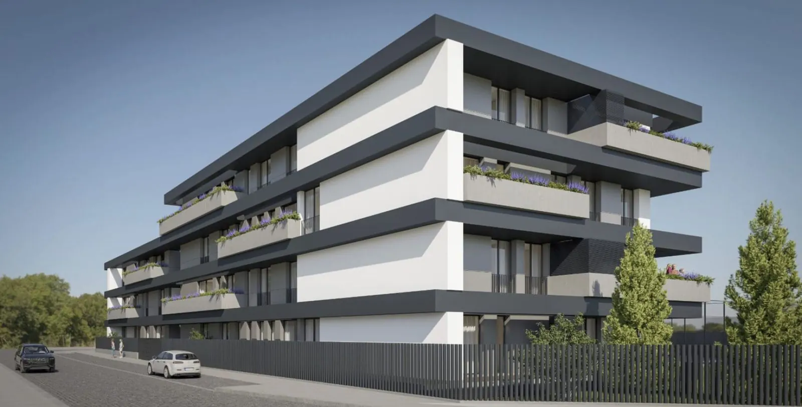 Mercado Residence, edifício de habitação de três pisos da CTR em Ermesinde, com faixas grafite e varandas ajardinadas